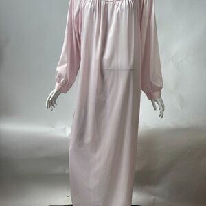 Vintage Katz Pink Nylon Long Nightgown Made In USA Size L W/ Embroidered Floral